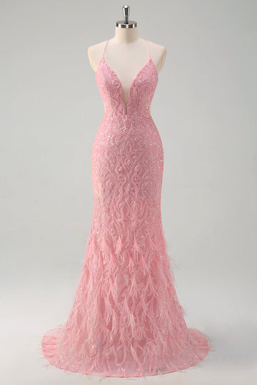 Scintillante rosa sirena spaghetti cinghie paillettes lungo abito da ballo con piume